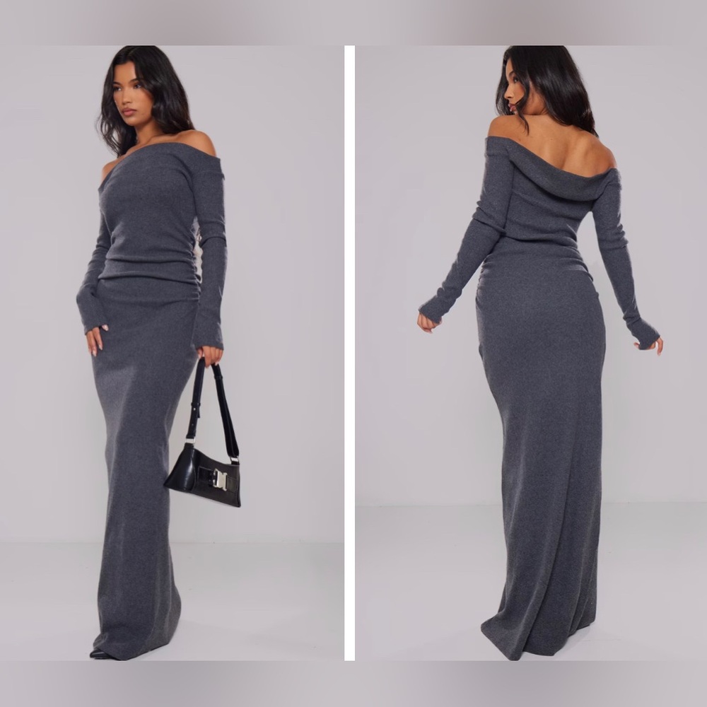Charcoal Heavy Brushed Rib Ruched Bardot Maxi Dress - PRETTY LITTLE THING !